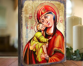 Virgin Mary Icon - Reclaimed Wood Art - Holy Lady of Vladimir Wall Art Handcrafted 85011 Museum Icons Collection Made in USA