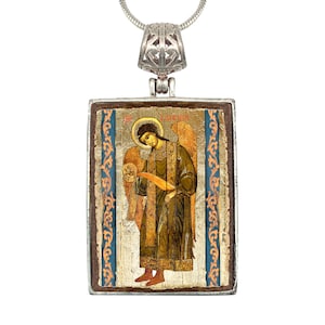 Handcrafted Jewelry - Saint Gabriel Archangel Christian Art Charm - Gold-Plated Wood and Silver-Plated Setting - Religious Gift 43041R