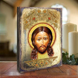 Jesus Religious Art - Wall Decor - Icon The Holy Face Wall Art on Wood Handcrafted Museum Icon from the 85018 Collection