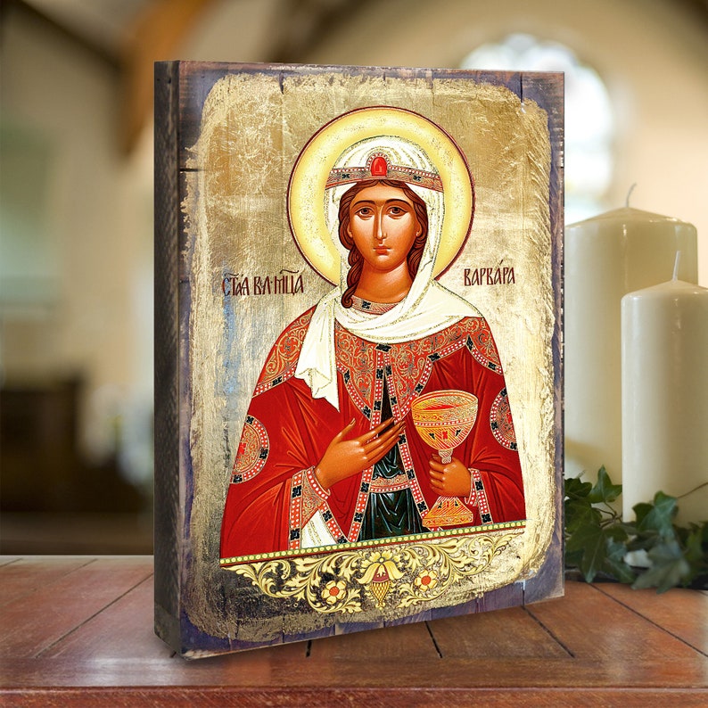 Saint Barbara Christian Art Religious Wall Decor Reclaimed Wood Handcrafted Gold Plated Religious Housewarming Gift 85038 image 1