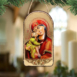 Holy Virgin Mary Vladimir  Orthodox Icon Wooden Ornament Handcrafted Wall Hanging Plaque Inspirational Decor - 87011 Gold-Plated 4.75&quot;Inch