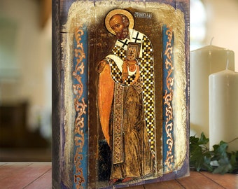 Saint Nicholas - Orthodox Icon - Religious Wall Art - Religious Family - Reclaimed Wood with Gold Plating - Handcrafted - Made in USA 85033