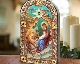 Handcrafted Orthodox Nativity Icon – Gold-Plated Distressed Arch, Museum Icons Collection - 86052