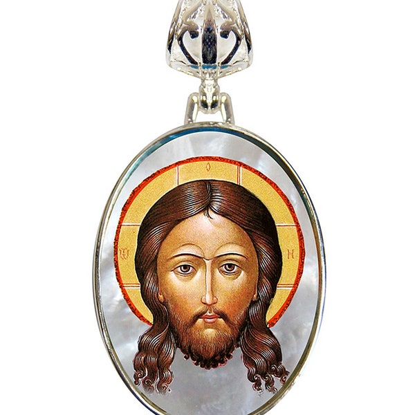 Handcrafted Jewelry | Jesus Christ Necklace | Christian Art | Oval Charm Pendant | Silver Plated | Mother-of-pearl | Religious Gift 43018