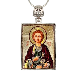 Handcrafted Jewelry | Saint Panteleimon Necklace | Christian Art Charm | Gold-Plated Wood in Silver Plated Setting | Religious Gift 43023R