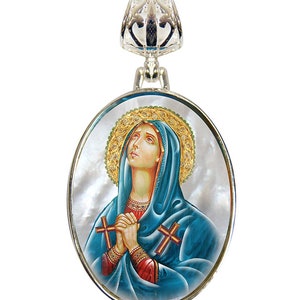Handcrafted Jewelry - Mary Magdalene Necklace - Christian Art - Oval Pendant - Silver-Plated Mother-of-Pearl - Religious Gift - 43014