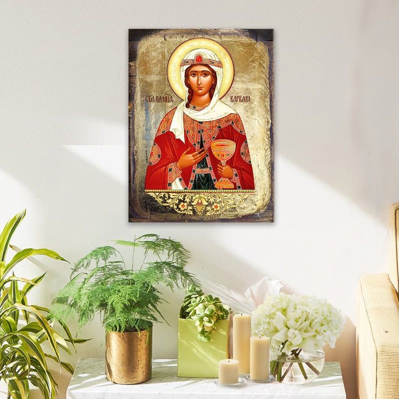 Saint Barbara Christian Art Religious Wall Decor Reclaimed Wood Handcrafted Gold Plated Religious Housewarming Gift 85038 image 5