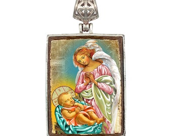 Guardian Angel | Handcrafted Jewelry Pendant | Art on Gold Plated Wood | Christian Art Charm | Silver Plated Setting | Mom Gift 43028R