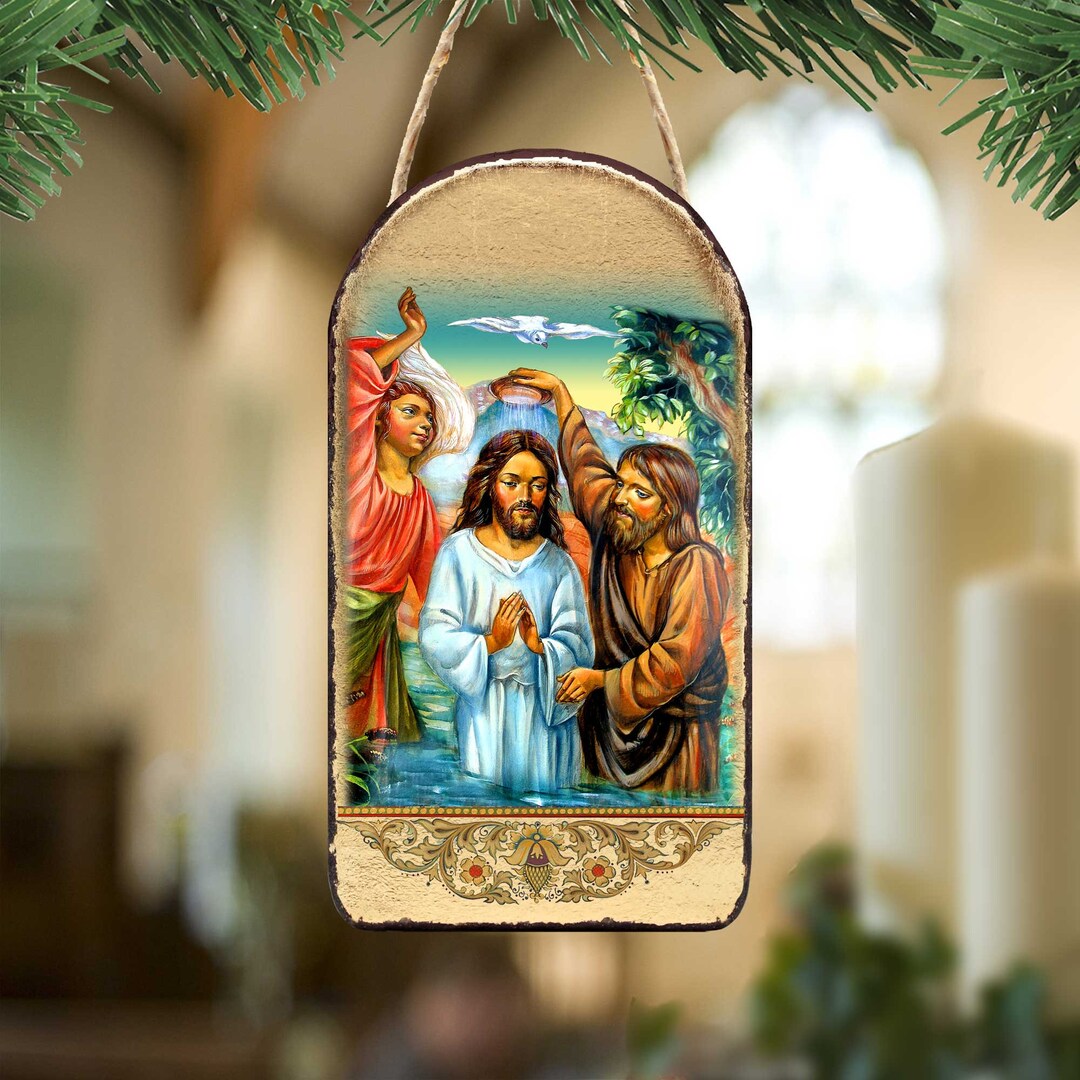 Handcrafted Jesus Christening Wood Ornament: Gold Leaf Orthodox Icon ...