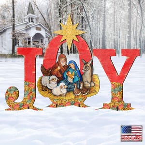 OUTDOOR Wood Decor - Rustic Nativity Joy Free-Standing Christmas Yard Decoration - Religious Lawn Sign - Holiday Garden Sign - 8121454F-S3L