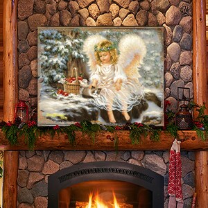 May include: A painting of an angel with white wings and a white dress, sitting on a rock with a small white cat. The angel is wearing a wreath of flowers in her hair and holding a basket of red apples. The background is a snowy forest.