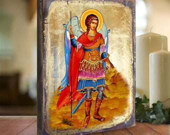 Saint Michael the Archangel - Christian art - Religious Wall Art - Reclaimed Wood Gold-Plated - Handcrafted - Religious Gifts 85022 USA-made