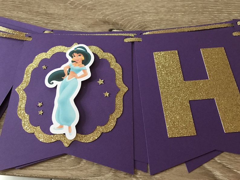 Princess Jasmine Happy Birthday Banner, Birthday Party Decoration, Jasmine Birthday Banner, Purple and Gold letter, Disney Jasmine birthday