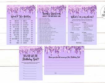 Adult Birthday Game Bundle for her Purple Whats in Your Phone Twenty Questions Favorite Memory Birthday Instant 144 Printable