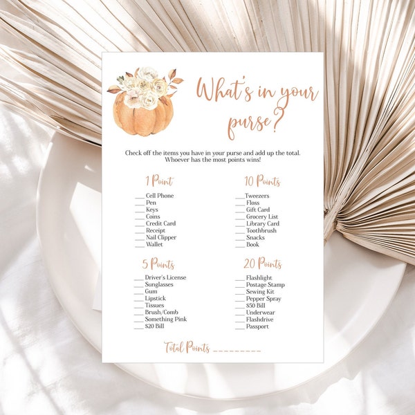 Pumpkin What's in Your Purse Fall Baby Shower Games Printable Editable Instant Download 854