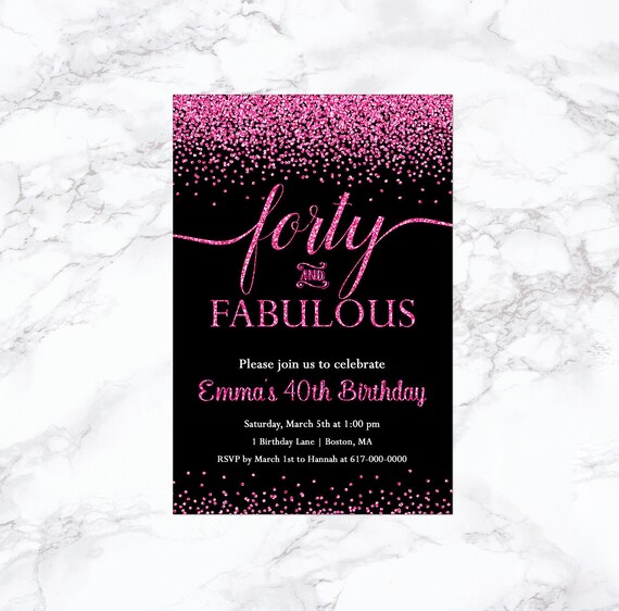 40th Birthday Invitation, Hot Pink 40 and Fabulous Birthday Invitation, 21st, 30th, 50th, 60th, 70th Any Age Pink and Black Printable 1538 Il_570xn