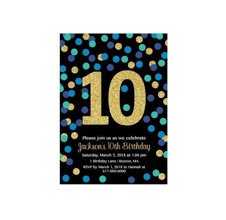 10th Birthday Invitation Boy Blue Teal Gold Confetti Tenth Etsy