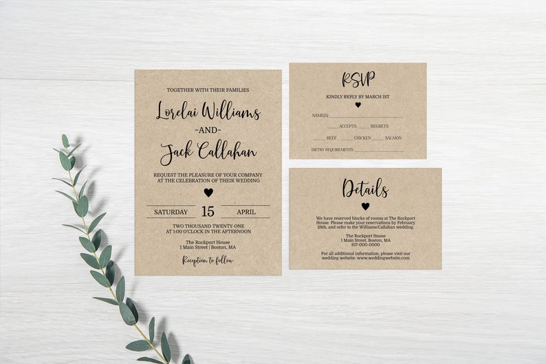 Editable Kraft Wedding Invitation Set Rustic Wedding Invitation 505 Instant Download image 1