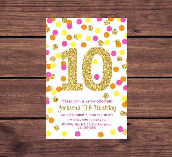 10th birthday invitation girl pink orange yellow gold confetti
