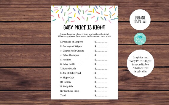 Editable Baby Shower Price is Right Game, Sprinkles Baby Shower Game, Printable Editable Instant Download 524 Il_570xn