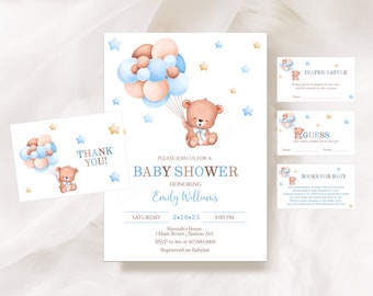 Teddy Bear Baby Shower Invitation Set Editable Boy Baby Shower Invitation Blue and Brown Baby Shower Instant Download 801