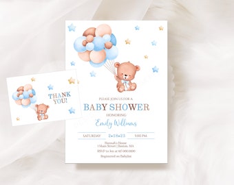 Teddy Bear Baby Shower Invitation Set Editable Boy Baby Shower Invitation Blue and Brown Baby Shower Instant Download 801