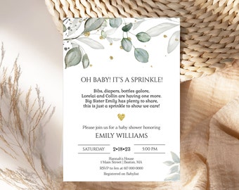 Editable Greenery Baby Sprinkle Invitation  Greenery Gold Oh Baby Sprinkle Invitation Gender Neutral Baby Shower  806