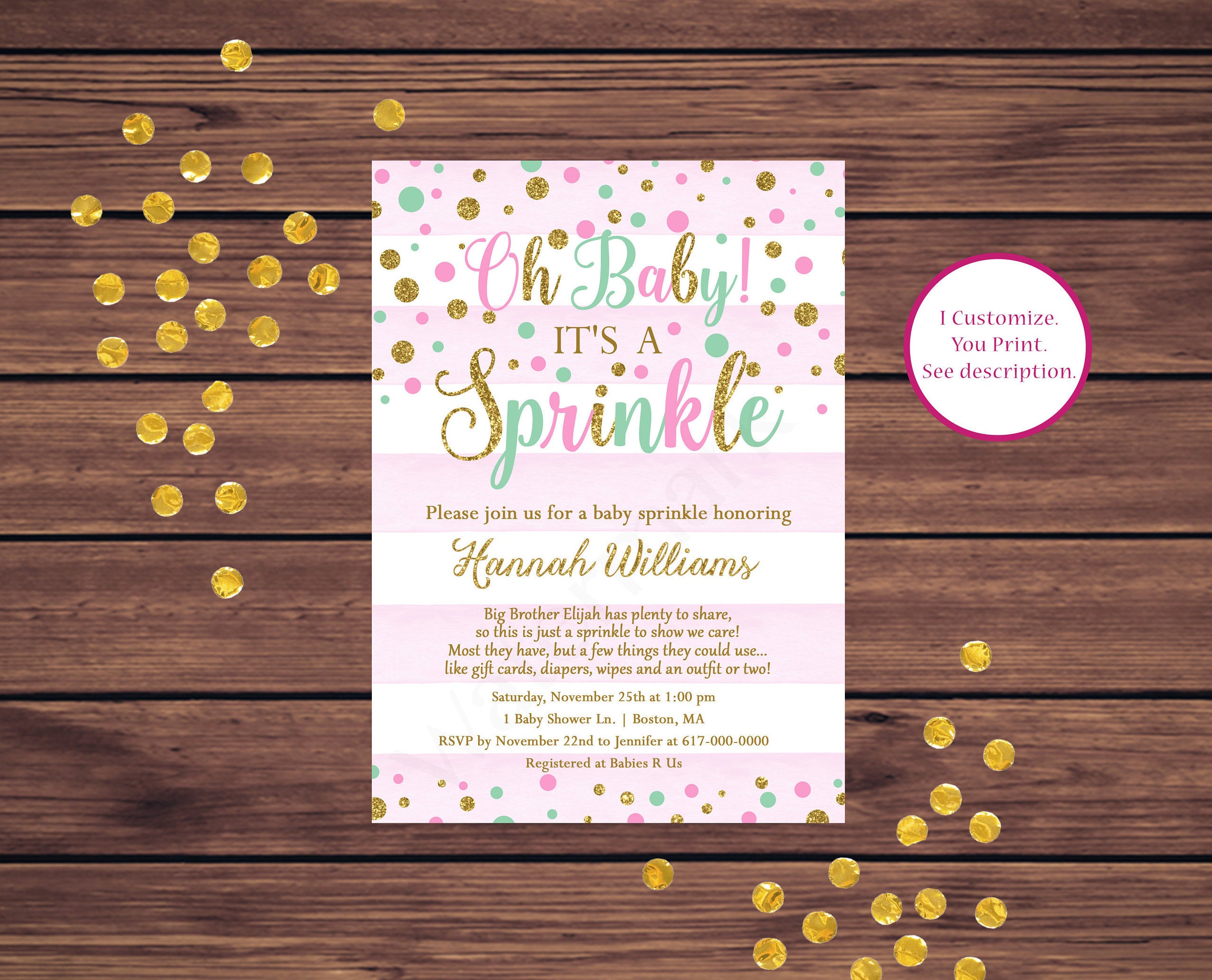 Baby Sprinkle Invitation Girl Pink Mint and Gold Baby Girl Etsy