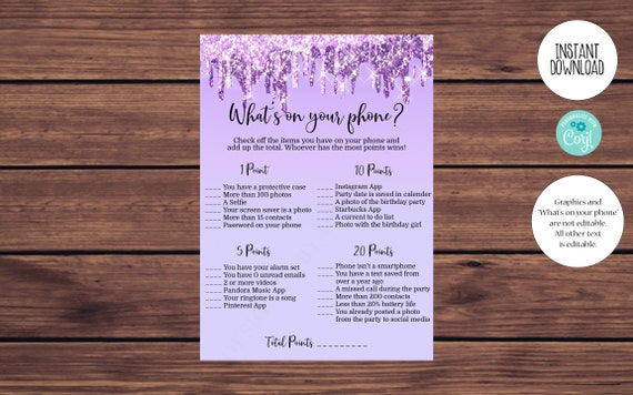 Editable Whats on Your Phone Birthday Game, Purple Women's Birthday Party Game, Printable Editable Instant Download 144 Il_570xn
