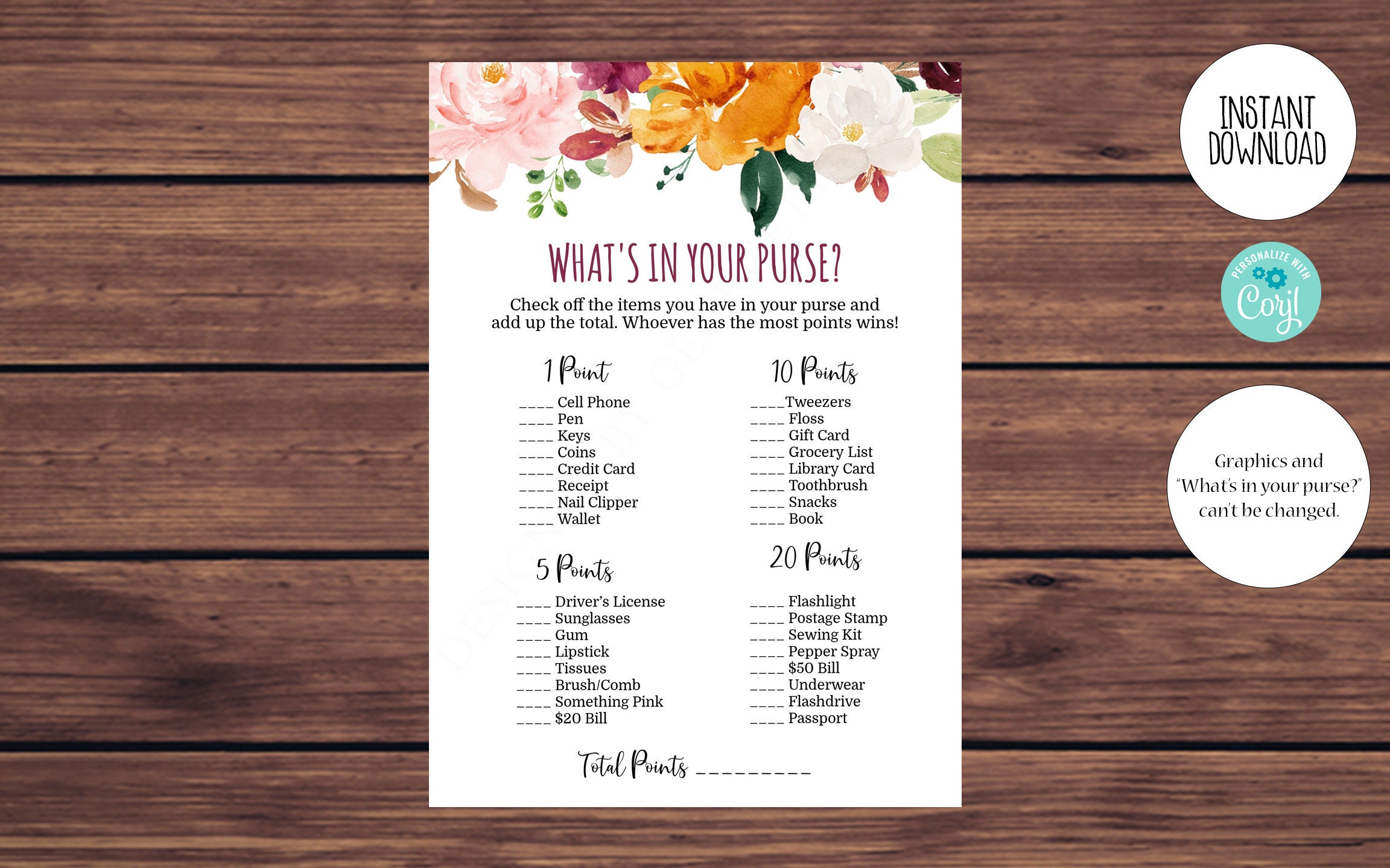 Fall Floral Fall Flowers Rustic Shower What's In Your Purse? Baby Shower or Bridal Shower Game for Fall Shower Instant Digital Download
