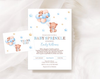 Teddy Bear Baby Sprinkle Invitation Set Editable Boy Baby Sprinkle Invitation Blue and Brown Baby Shower Instant Download 801