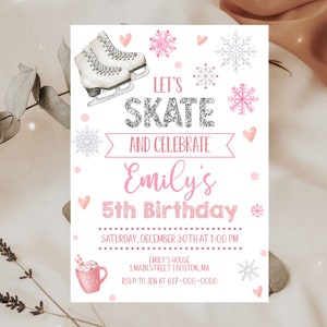 Invito di compleanno di pattinaggio su ghiaccio Invito di compleanno di pattinaggio invernale rosa e argento Download immediato stampabile modificabile
