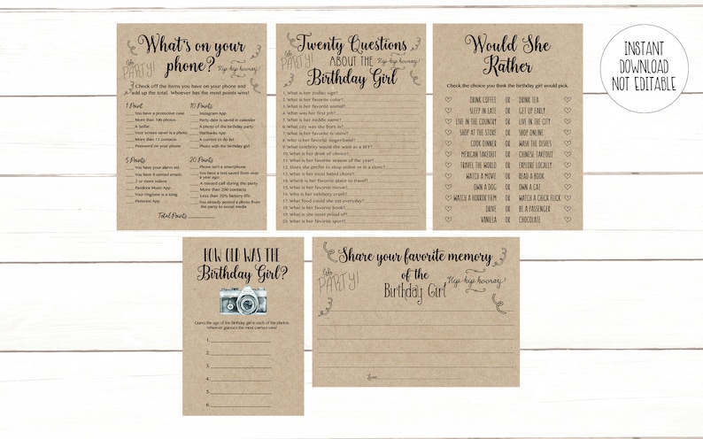 Twenty Questions Adult Birthday Game Bundle for her Favorite Memory Whats in Your Phone Instant 104 Printable Kraft Birthday Games