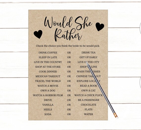 Would She Rather Bridal Shower Game Kraft Couples Shower Instant 