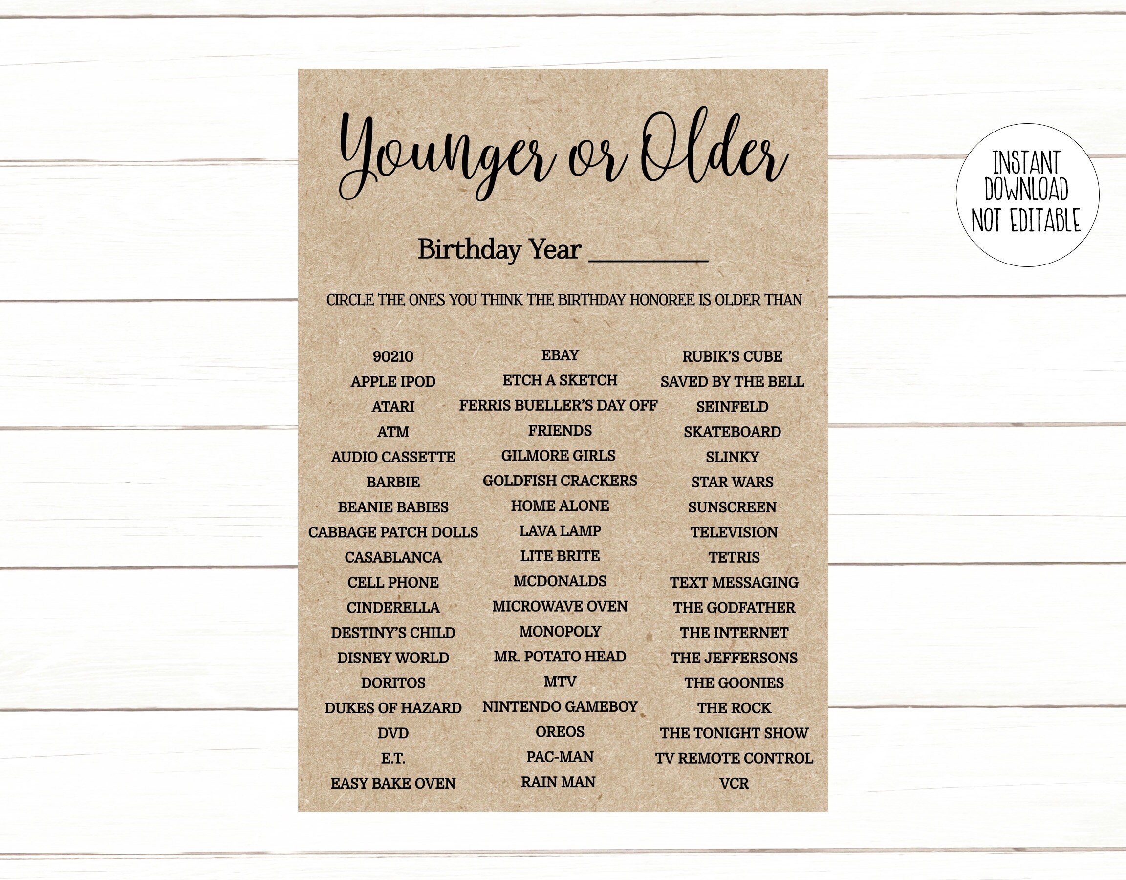 Birthday Younger or Older Younger or Older Game Adult - Etsy Polska
