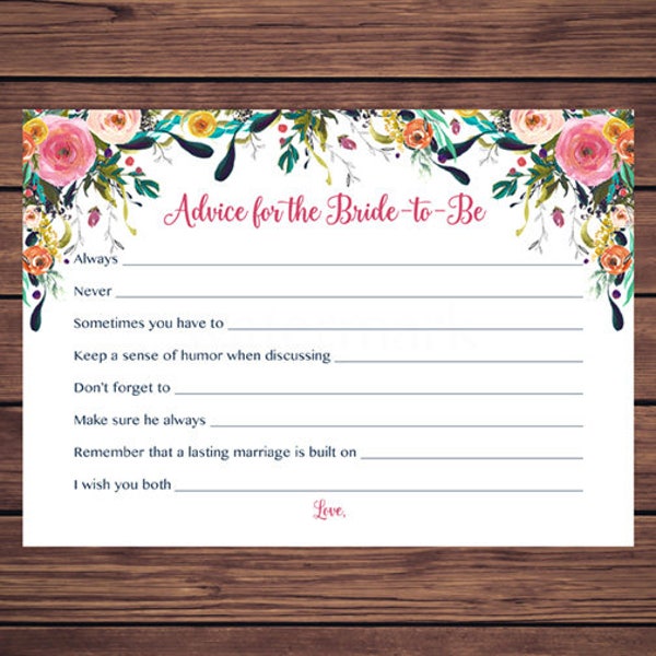 Advice for the Bride to Be Marriage Advice for the Bride Advice Card Pink and Navy Flowers Pink Floral Instant Download    201 Printable