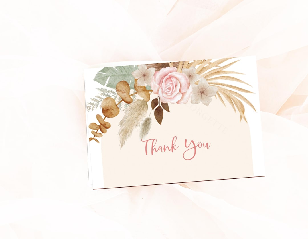 Pink Floral Thank You Card Boho Design (instant Download) - Etsy