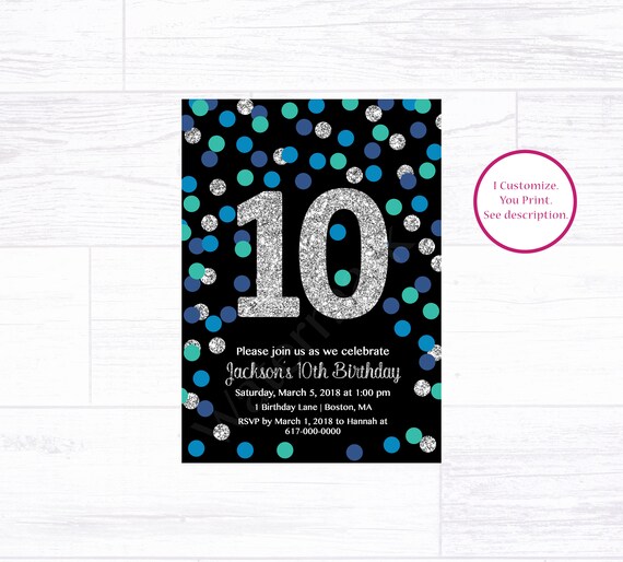 10th birthday invitation boy blue teal silver confetti 10th birthday invitations