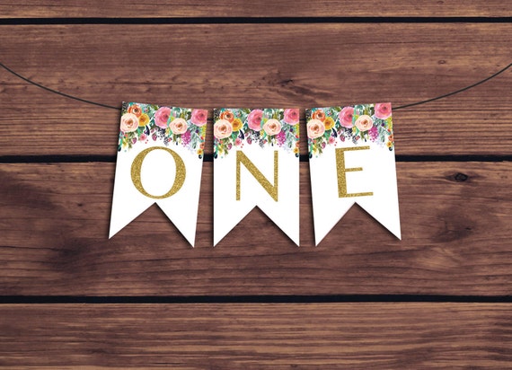 ONE Birthday Banner, One Bunting, Floral 1st Birthday Banner Colorful Flowers Highchair Banner Instant Download 891 Printable Il_570xn