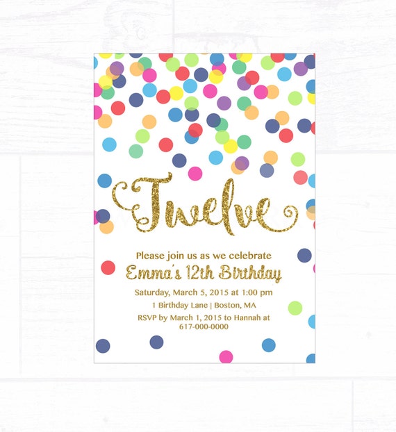 Rainbow 12th Birthday Invitation Girl Any Age Rainbow Dots Etsy