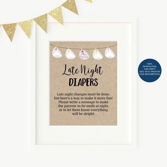 Editable Kraft Late Night Diapers Sign, Kraft Rustic Baby Shower Sign ...