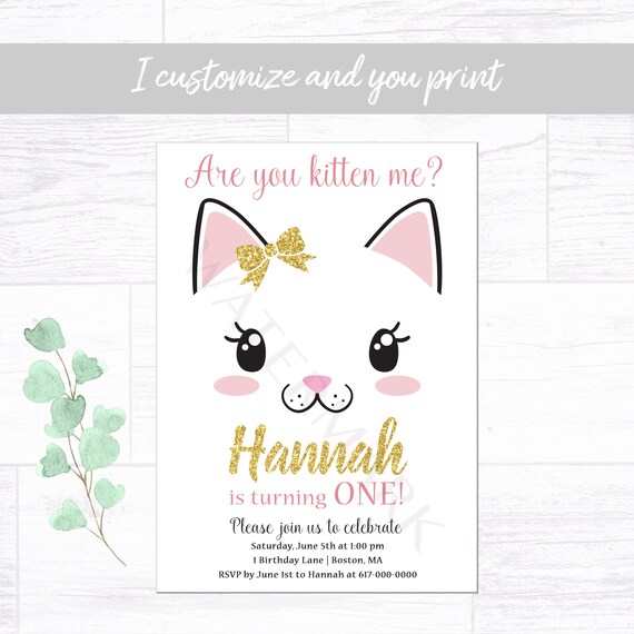 Kitten Birthday Invitation Girl, Any Age Pink and Gold Kitty Birthday Invitation, Cat 1st Birthday Invitation, 1655 Printable Invitation Il_570xn