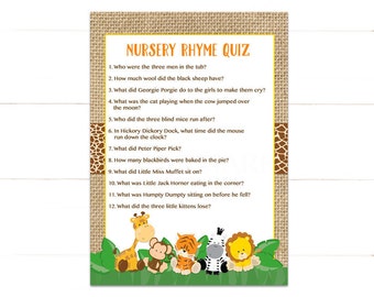 Safari Nursery Rhyme Quiz Baby Shower Game, Jungle Nursery Rhyme Baby Shower Game, Baby Animals Instant Download   502 Printable