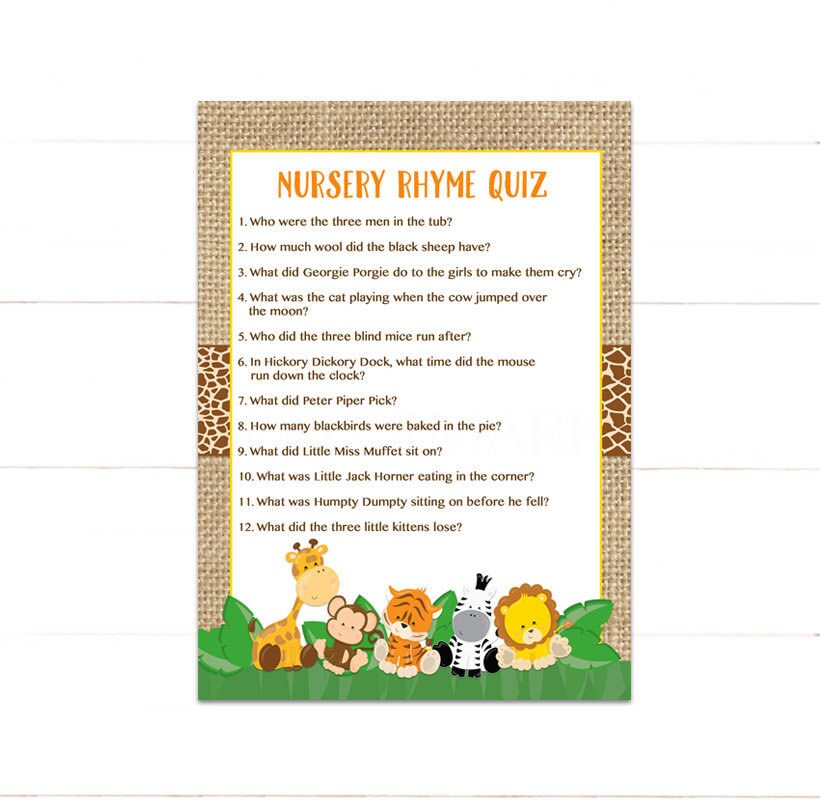 Safari Nursery Rhyme Quiz Baby Shower Game Jungle Nursery Rhyme Baby