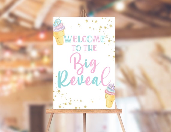 Ice Cream Welcome to the Big Reveal Sign, Gender Reveal Sign, He or She, Pink or Blue Instant Download Printable 1869 Il_570xn