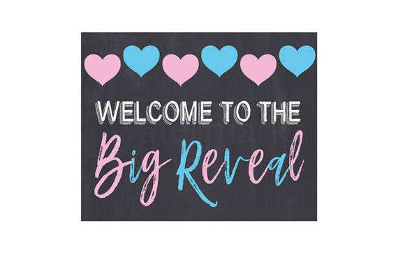 Gender Reveal Sign Gender Reveal Welcome Sign Pink and Blue Hearts Chalkboard Sign Instant Download Printable Il_570xn