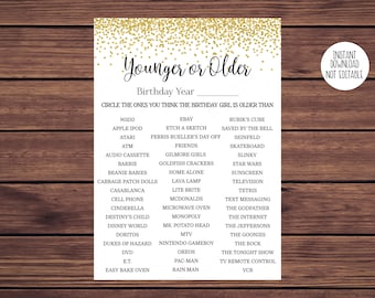 Birthday Younger or Older Gold Younger or Older Game Adult Birthday Instant Download Printable 110