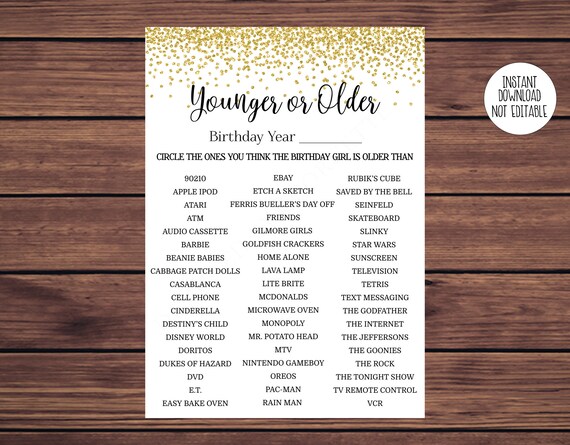 Birthday Younger or Older, Gold Younger or Older Game, Adult Birthday ...