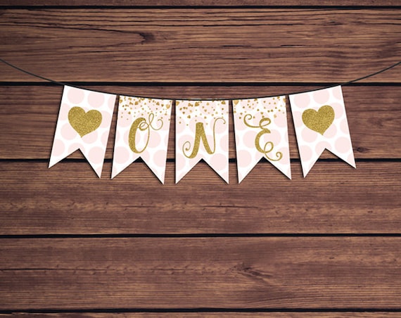Pink and Gold Birthday Banner, One Bunting, Pink and Gold 1st Birthday Banner Instant Download 768 Printable Il_570xn