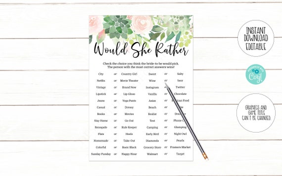 Editable Would She Rather Game, Succulent Bridal Shower Game, Printable Editable Instant Download 508 Il_570xn